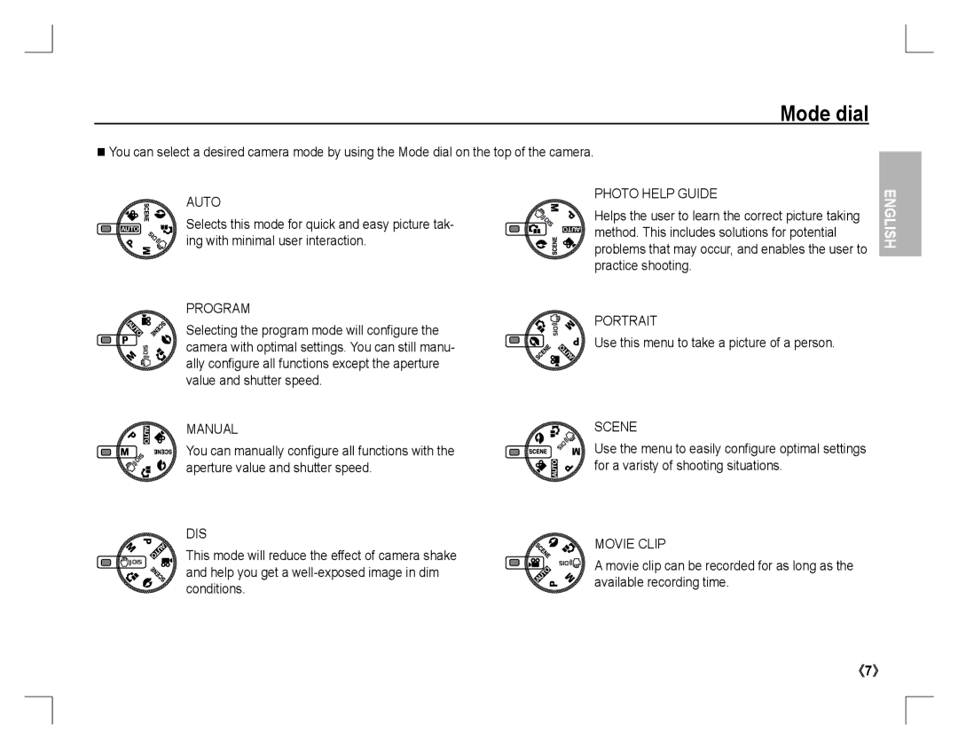 Samsung EC-D860ZSBD/E1, EC-D860ZSBC/FR, EC-D860ZSBD/FR manual Mode dial, Use this menu to take a picture of a person 