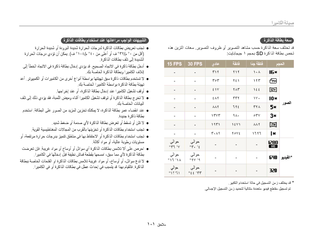 Samsung EC-DV100ZDPBME manual ةركاذلا تاقاطب مادختسا دنع اهتاعارم بجاولا تاهيبنتلا, FPS 30 FPS يداع, ادجً, مجحلا, ويديفلا 