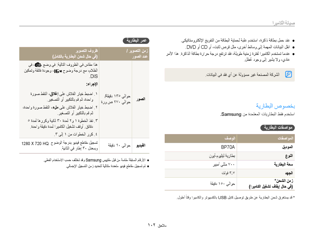 Samsung EC-DV100ZDDSME, EC-DV100ZDPSME ةيراطبلا صوصخب, ةيراطبلا رمع, ريوصتلا فورظ ريوصتلا نمز لماكلاب ةيراطبلا نحش لاح يف 