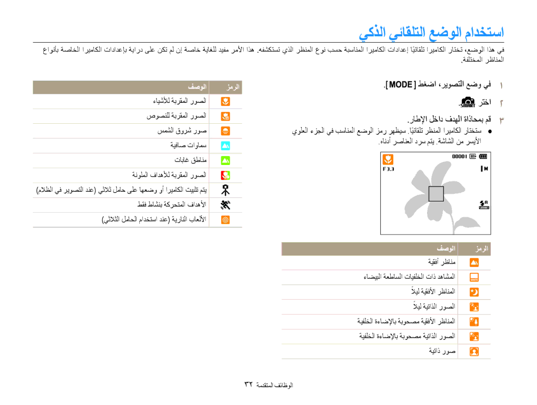 Samsung EC-DV100ZBPBAE manual يكذلا يئاقلتلا عضولا مادختسا, راطلإا لخاد فدهلا ةاذاحمب مق, رتخا, صوصنلل ةبرقملا روصلا 