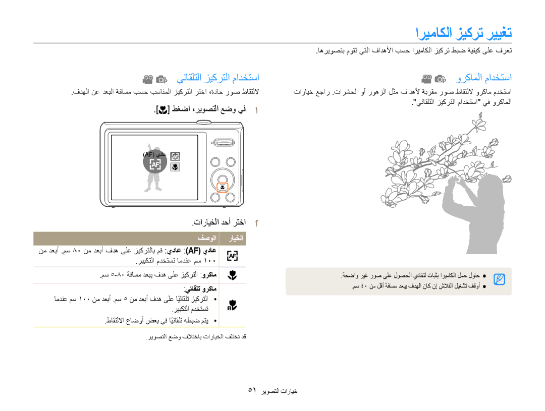 Samsung EC-DV100ZDPBME اريماكلا زيكرت رييغت, يئاقلتلا زيكرتلا مادختسا, وركاملا مادختسا, يئاقلت وركام, 51 خيارات التصوير 