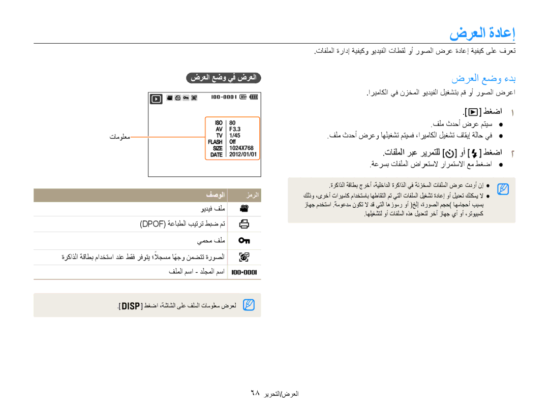 Samsung EC-DV100ZDPPME, EC-DV100ZDPSME manual ضرعلا ةداعإ, ضرعلا عضو ءدب, تافلملا ربع ريرمتلل وأ طغضا2, ضرعلا عضو يف ضرعلا 