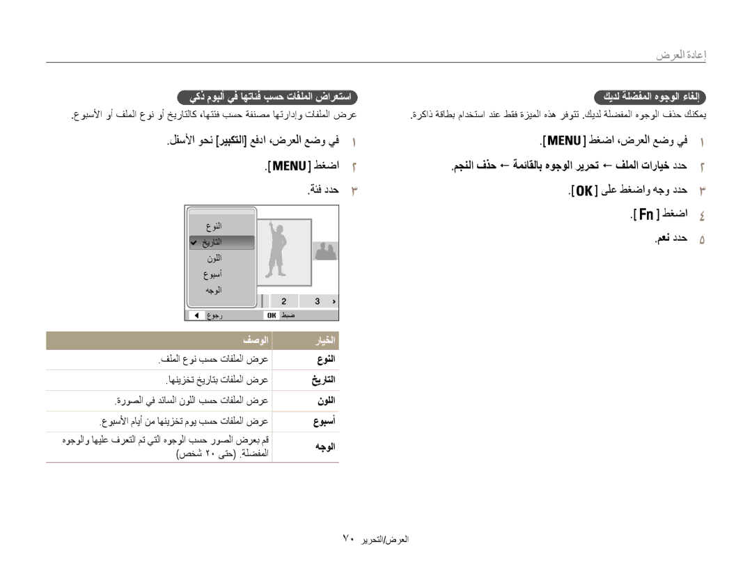 Samsung EC-DV100ZBDBSA إعادة العرض, لفسلأا وحن ريبكتلا عفدا ،ضرعلا عضو يف1 طغضا2, يكذ موبلأ يف اهتائف بسح تافلملا ضارعتسا 