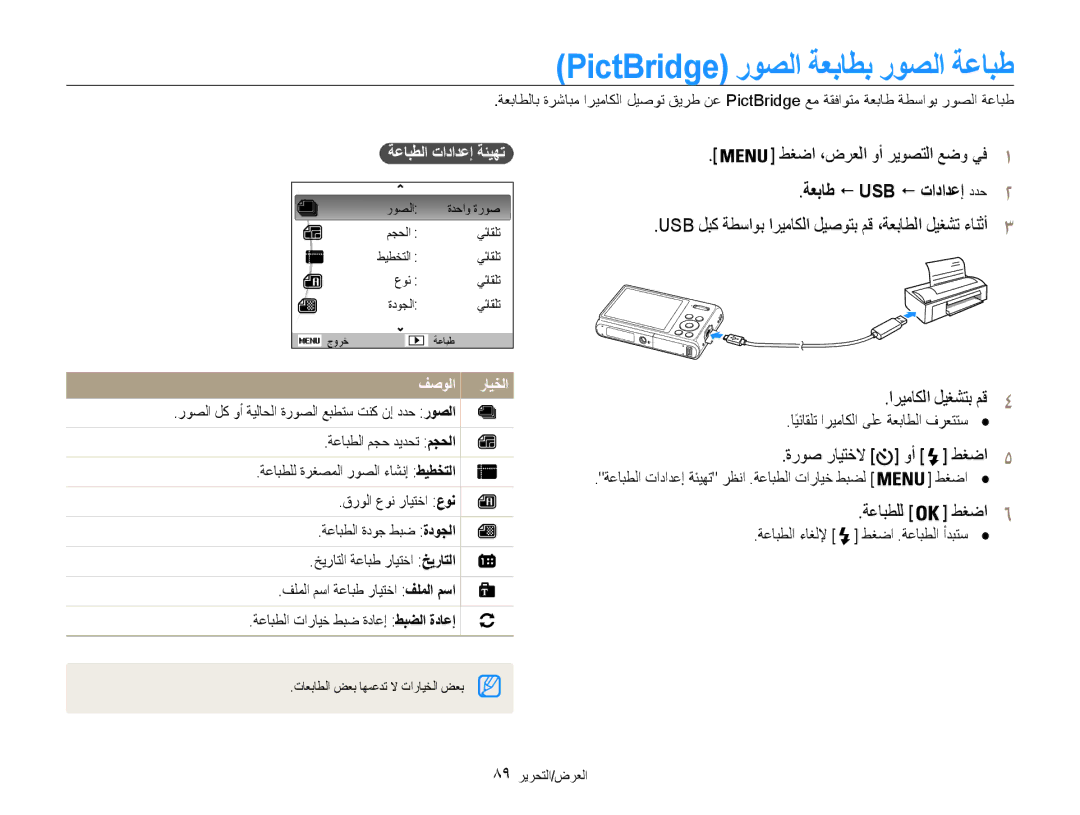 Samsung EC-DV100ZBDBKE PictBridge روصلا ةعباطب روصلا ةعابط, ةعباط ! USB ! تادادعإ ددح2, اريماكلا ليغشتب مق4, ةعابطلل طغضا6 