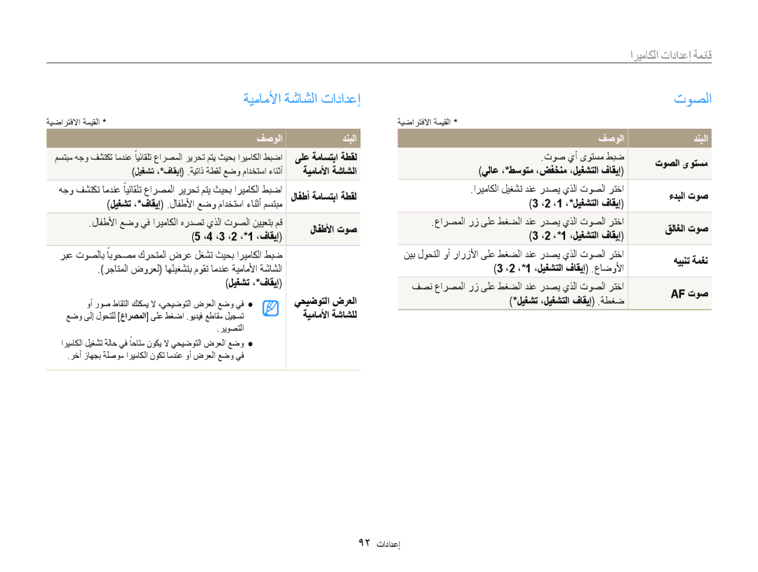 Samsung EC-DV100ZBPSSA, EC-DV100ZDPSME, EC-DV100ZDDBME ةيماملأا ةشاشلا تادادعإ, توصلا, قائمة إعدادات الكاميرا, فصولا دنبلا 