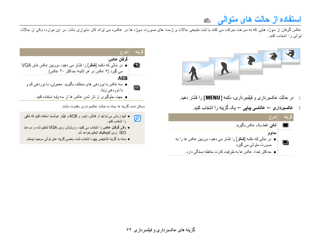 Samsung EC-DV100ZBPSAE manual یلاوتم یاه تلاح زا هدافتسا, دینک باختنا ار هنیزگ کی ! یپایپ یساکع ! یرادربسکع2, موادم 