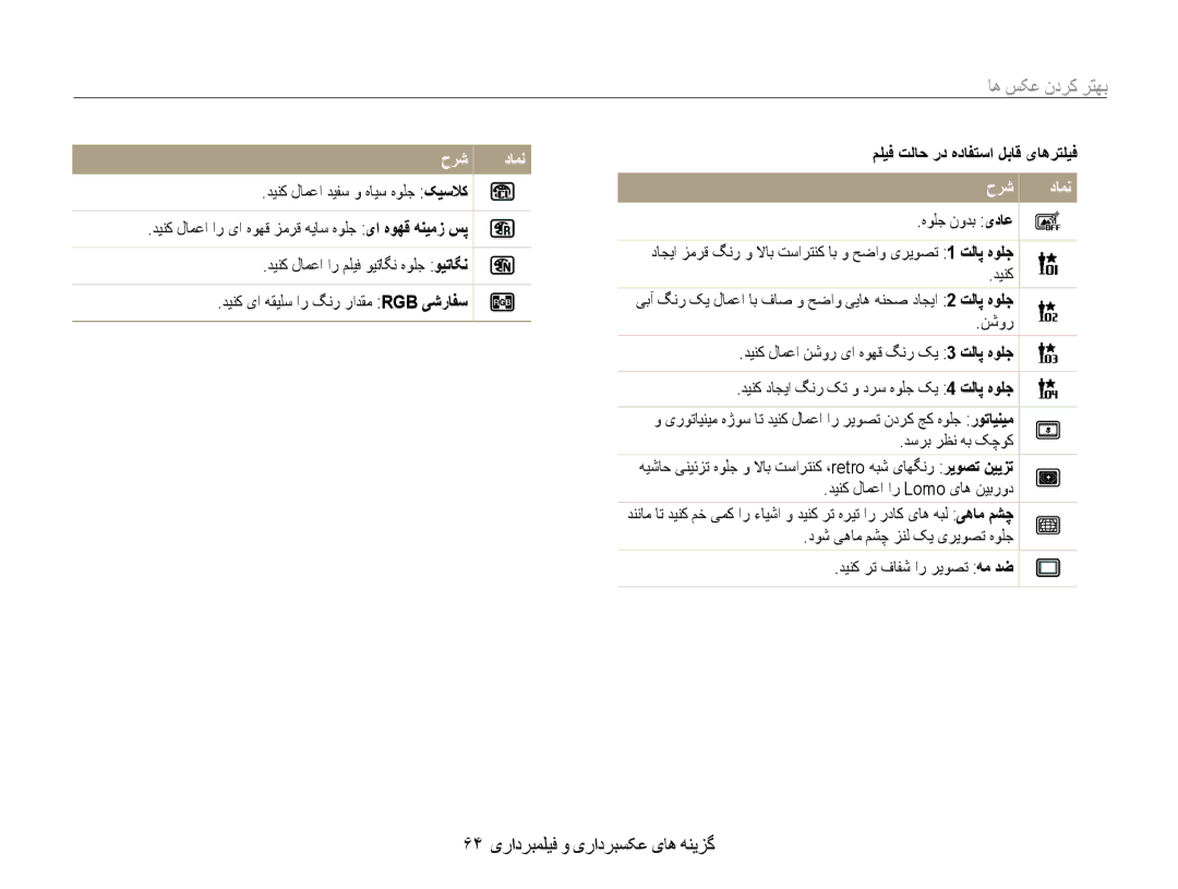 Samsung EC-DV100ZBDBKE, EC-DV100ZDPSME manual بهتر کردن عکس ها, 64 گزینه های عکسبرداری و فیلمبرداری, هولج نودب یداع 