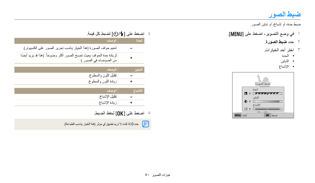 Samsung EC-DV150FDPBM3 manual روصلا طبض, ةميق لك طبضل t/F ىلع طغضا ىلع طغضا ،ريوصتلا عضو يف, فصولا ةدحلا, فصولا نيابتلا 