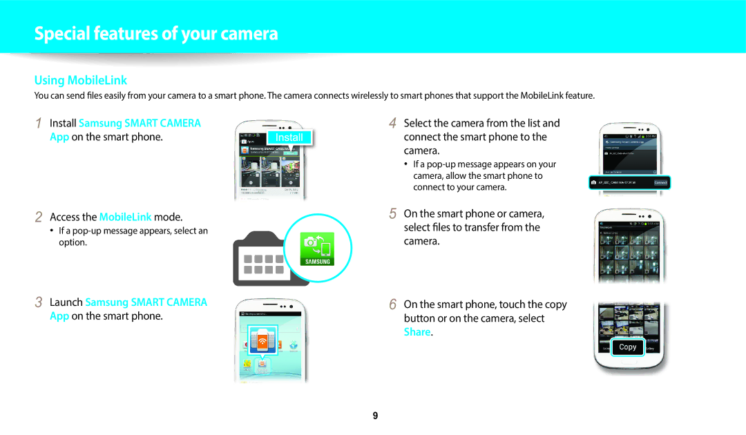 Samsung EC-DV150FBPBUS App on the smart phone Access the MobileLink mode, If a pop-up message appears, select an option 