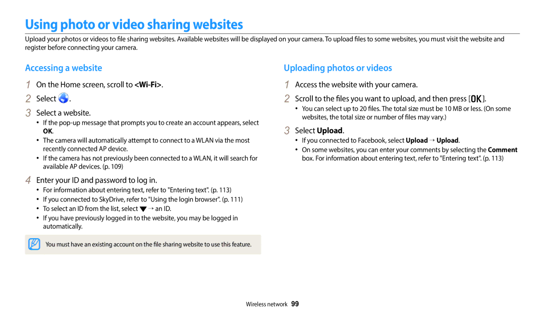 Samsung EC-DV150FBPBUS user manual Using photo or video sharing websites, Accessing a website, Uploading photos or videos 