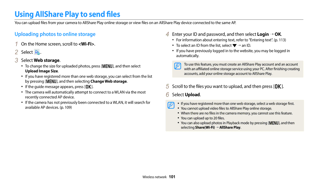 Samsung EC-DV150FBPBUS Using AllShare Play to send files, Uploading photos to online storage, Select Web storage 