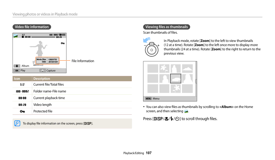 Samsung EC-DV150FBPBUS user manual Press D/c/F/t to scroll through files, Viewing photos or videos in Playback mode 