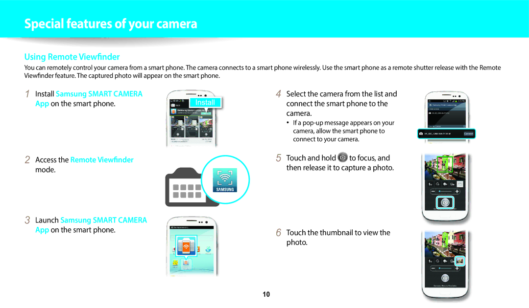 Samsung EC-DV150FBPBUS App on the smart phone Access the Remote Viewfinder mode, Touch the thumbnail to view the photo 