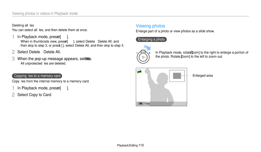 Samsung EC-DV150FBPBUS user manual Viewing photos, Playback mode, press m, Select Delete → Delete All, Select Copy to Card 