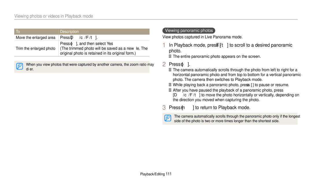 Samsung EC-DV150FBPBUS user manual Press m to return to Playback mode, Viewing panoramic photos 