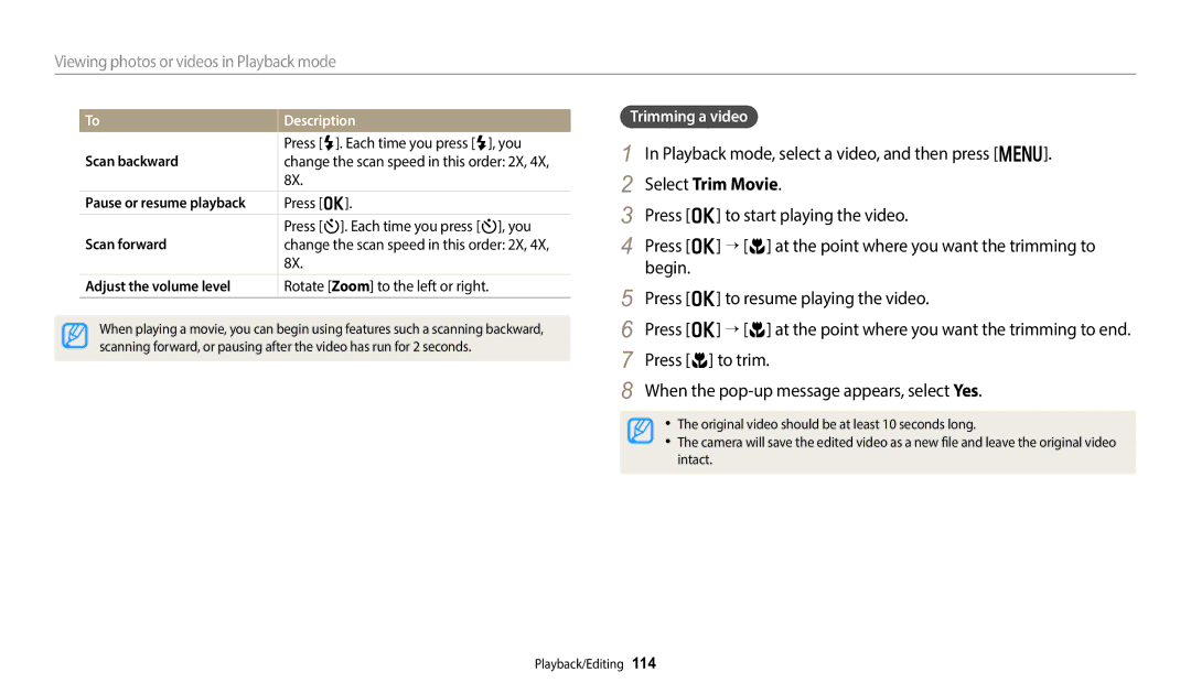 Samsung EC-DV150FBPBUS user manual Playback mode, select a video, and then press m, Select Trim Movie, Trimming a video 