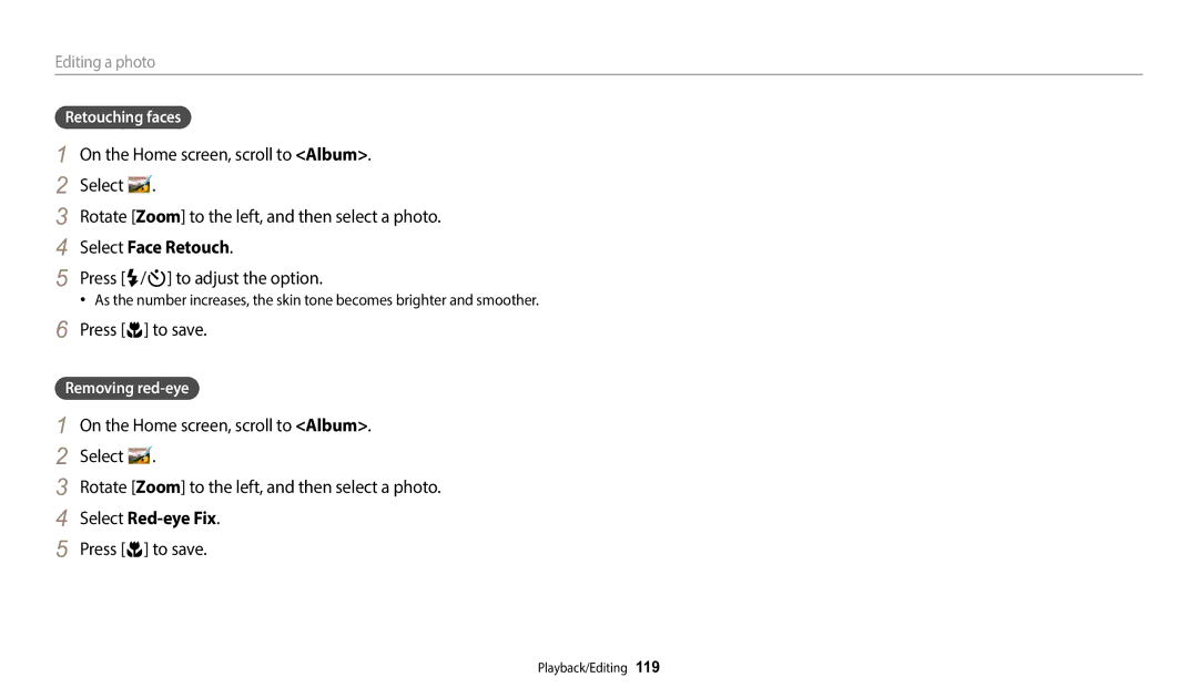 Samsung EC-DV150FBPBUS user manual Retouching faces, Removing red-eye 