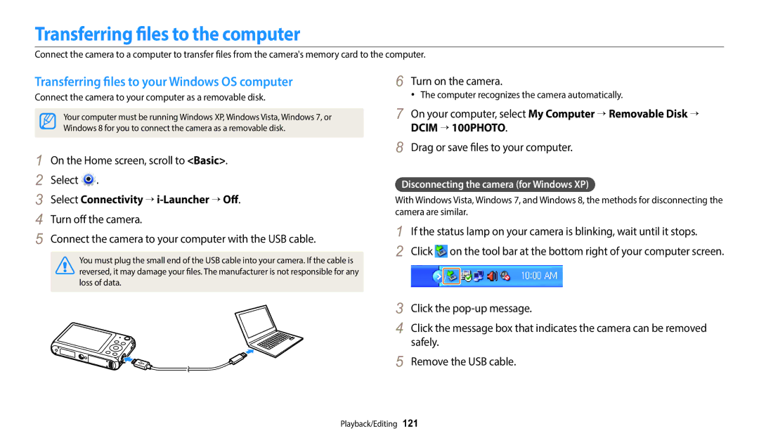 Samsung EC-DV150FBPBUS user manual Transferring files to the computer, Transferring files to your Windows OS computer 