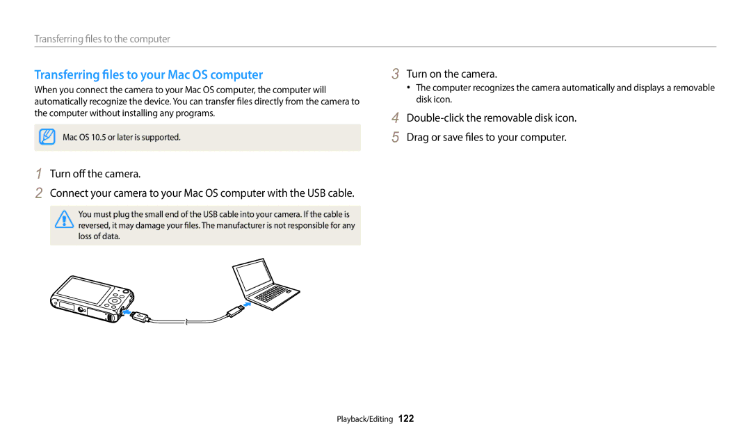 Samsung EC-DV150FBPBUS Transferring files to your Mac OS computer, Turn off the camera, Transferring files to the computer 