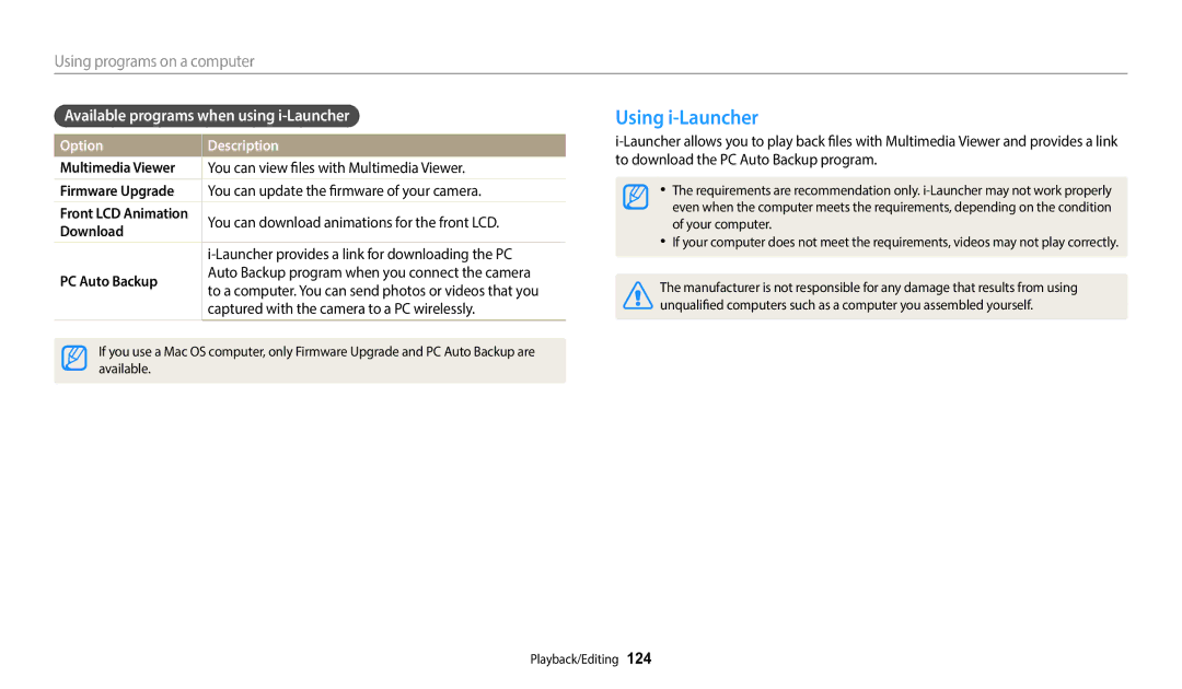 Samsung EC-DV150FBPBUS user manual Using i-Launcher, Using programs on a computer, Available programs when using i-Launcher 