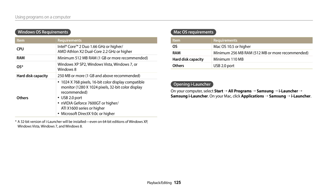 Samsung EC-DV150FBPBUS user manual Windows OS Requirements, Mac OS requirements, Opening i-Launcher 