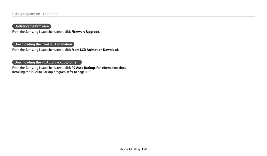 Samsung EC-DV150FBPBUS Updating the firmware, Downloading the front LCD animation, Downloading the PC Auto Backup program 