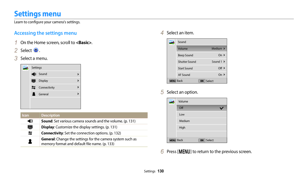 Samsung EC-DV150FBPBUS user manual Settings menu, Accessing the settings menu, Select an item 