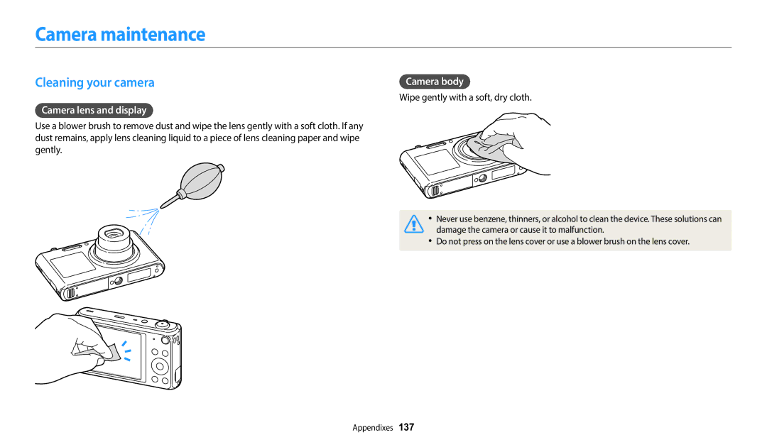 Samsung EC-DV150FBPBUS user manual Camera maintenance, Cleaning your camera, Camera lens and display, Camera body 