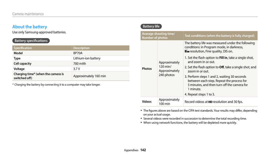 Samsung EC-DV150FBPBUS user manual About the battery, Battery specifications, Battery life 