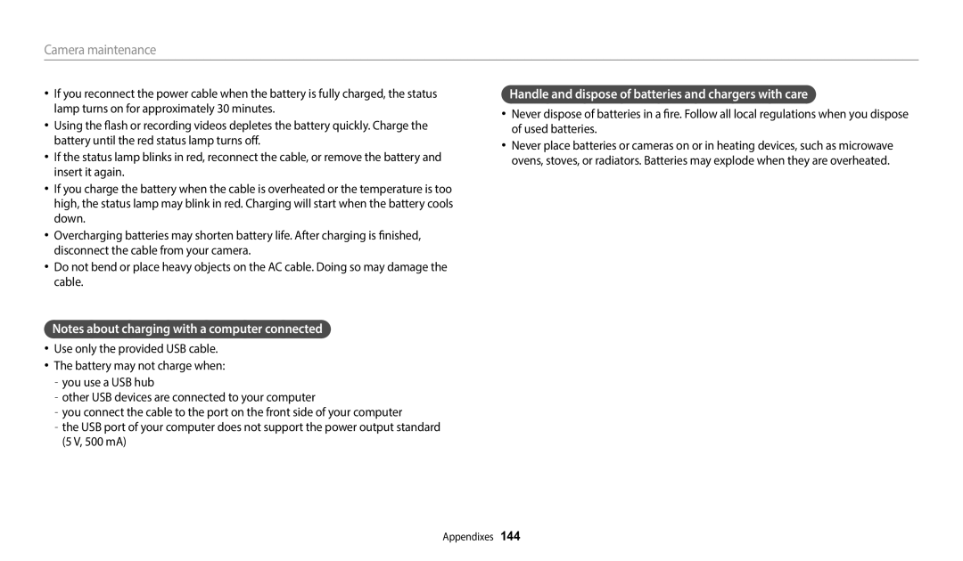 Samsung EC-DV150FBPBUS user manual Handle and dispose of batteries and chargers with care 