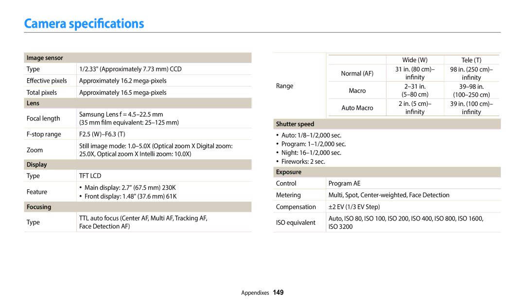 Samsung EC-DV150FBPBUS user manual Camera specifications, Image sensor, Focusing, Shutter speed, Exposure 