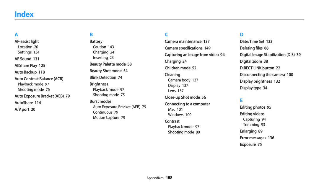 Samsung EC-DV150FBPBUS user manual Index 