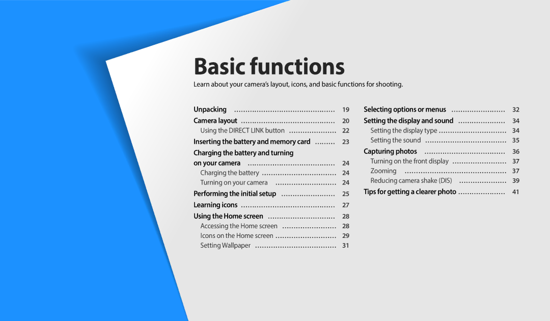 Samsung EC-DV150FBPBUS user manual Basic functions, Inserting the battery and memory card ……… 