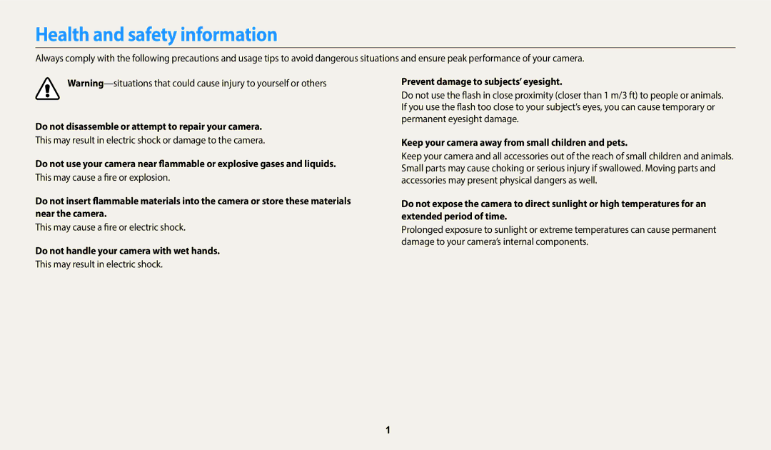 Samsung EC-DV150FBPBUS user manual Health and safety information, Do not disassemble or attempt to repair your camera 