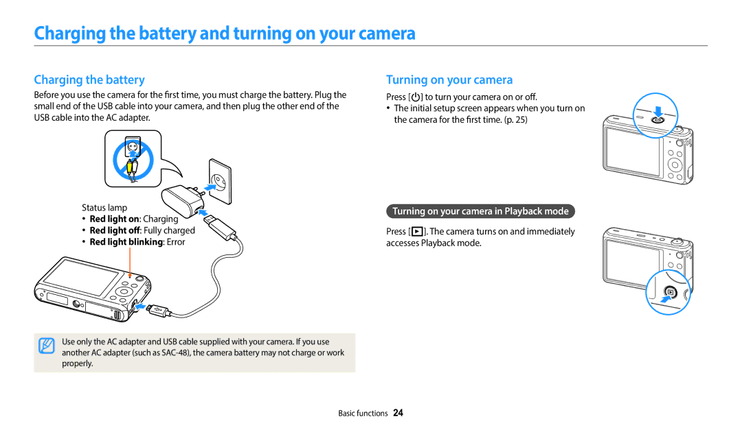 Samsung EC-DV150FBPBUS user manual Charging the battery and turning on your camera, Turning on your camera 