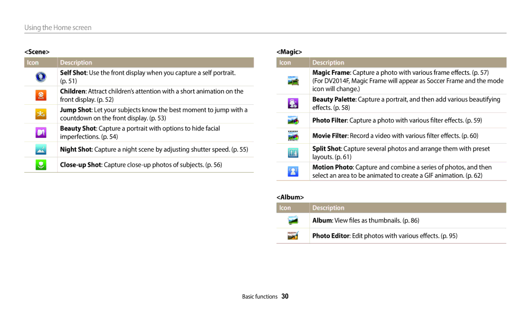 Samsung EC-DV150FBPBUS user manual Scene, Magic, Album 