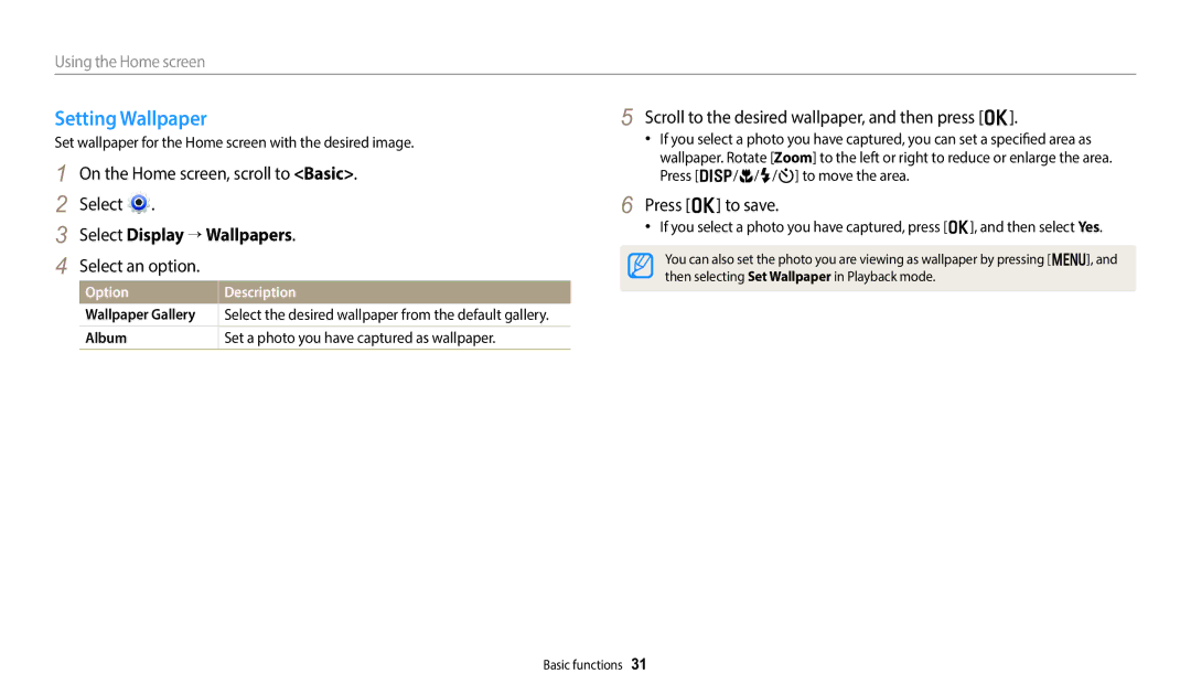 Samsung EC-DV150FBPBUS user manual Setting Wallpaper, Select Display → Wallpapers, Select an option, Press o to save 