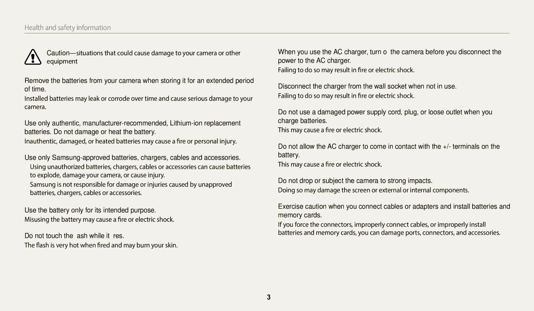 Samsung EC-DV150FBPBUS user manual Use the battery only for its intended purpose, Do not touch the flash while it fires 