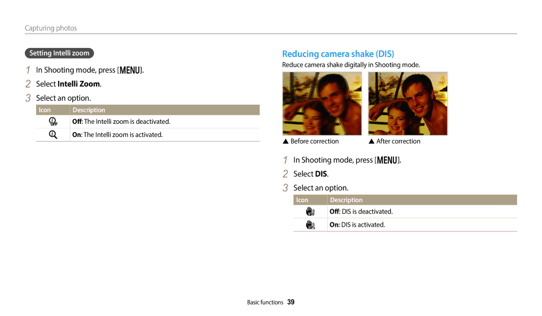 Samsung EC-DV150FBPBUS user manual Select Intelli Zoom, Shooting mode, press m Select DIS Select an option 