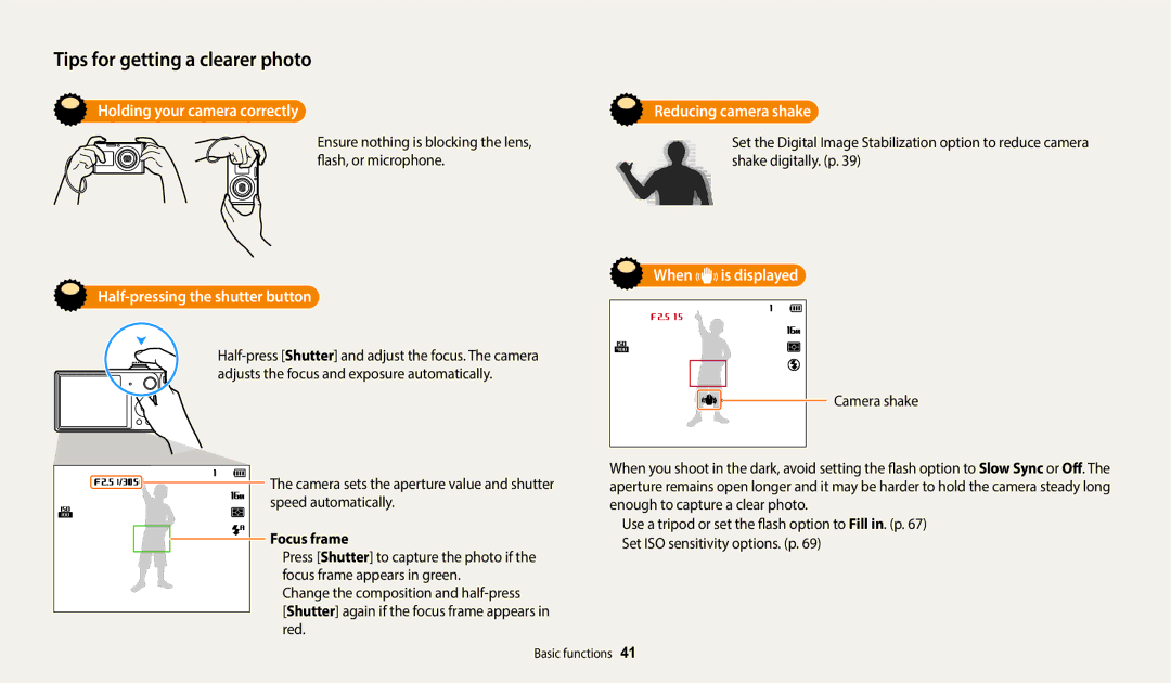 Samsung EC-DV150FBPBUS Holding your camera correctly, Half-pressing the shutter button, Reducing camera shake, Focus frame 