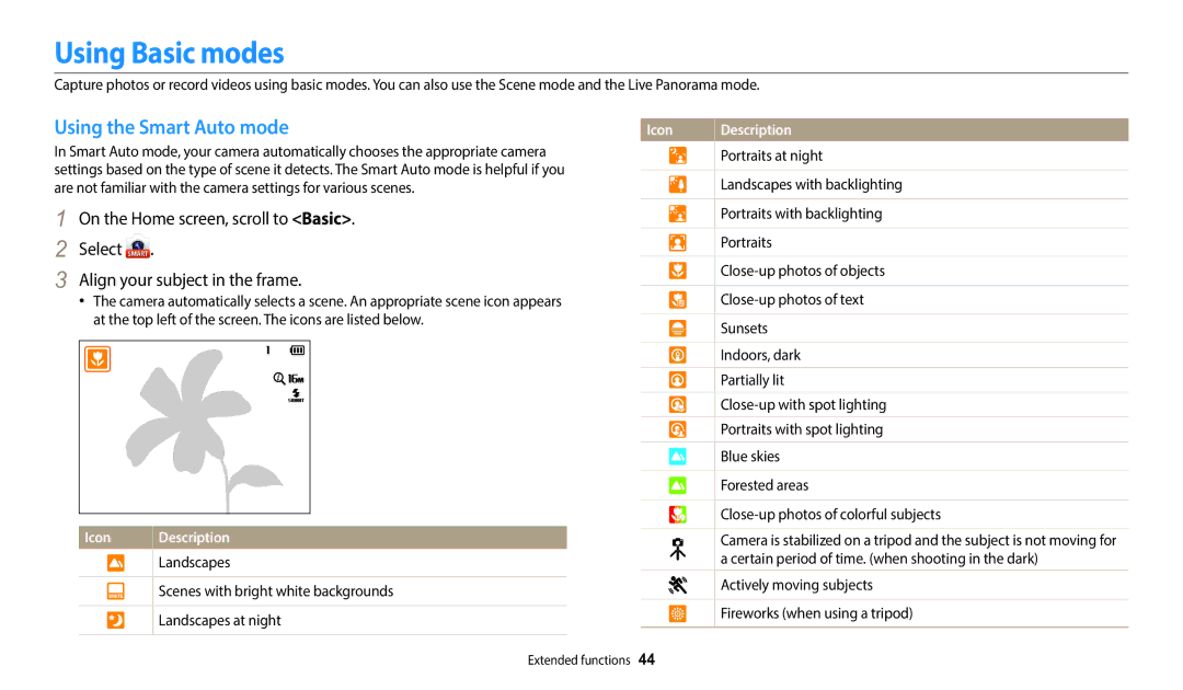 Samsung EC-DV150FBPBUS user manual Using Basic modes, Using the Smart Auto mode 