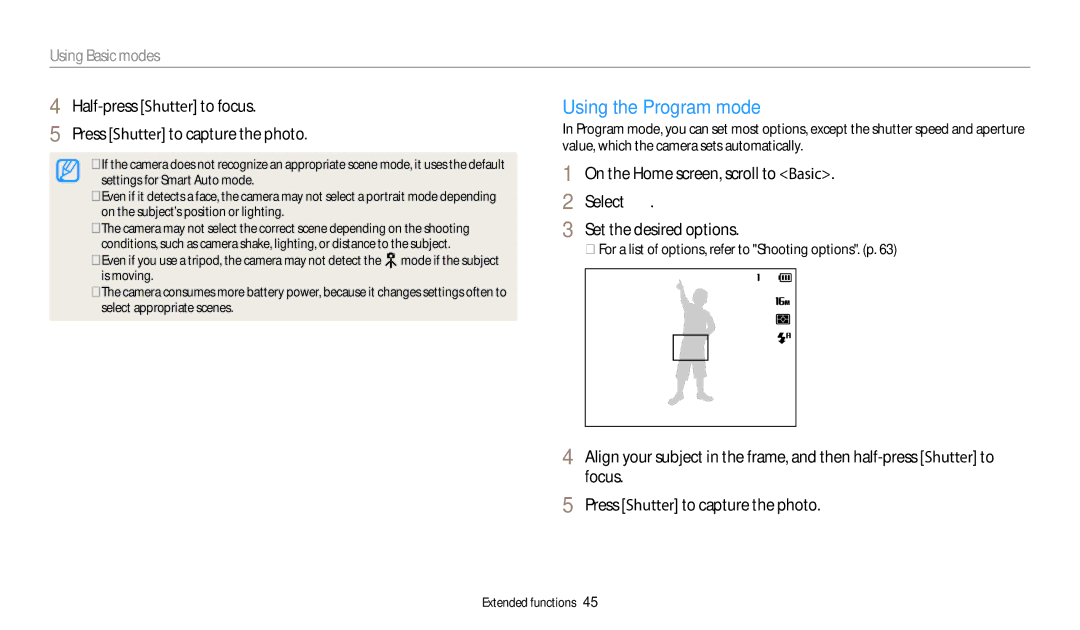 Samsung EC-DV150FBPBUS Using the Program mode, Using Basic modes, For a list of options, refer to Shooting options. p 