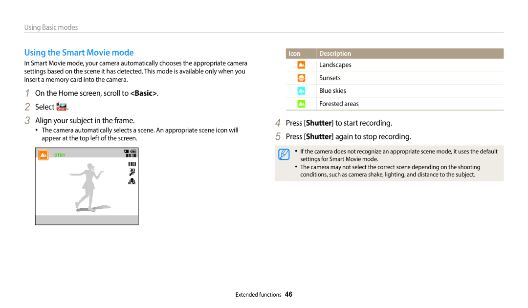 Samsung EC-DV150FBPBUS user manual Using the Smart Movie mode 