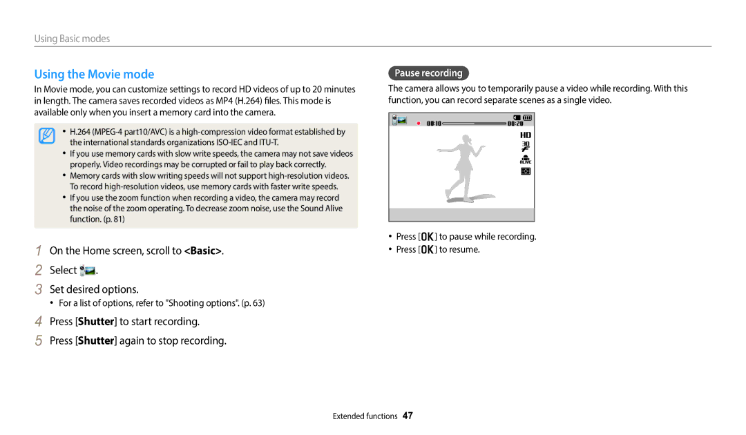 Samsung EC-DV150FBPBUS Using the Movie mode, Pause recording, Press o to pause while recording Press o to resume 