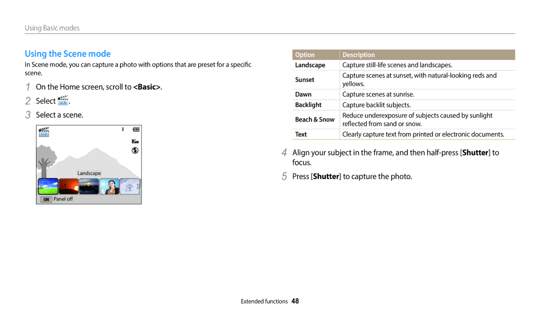 Samsung EC-DV150FBPBUS Using the Scene mode, On the Home screen, scroll to Basic Select Select a scene, Option Description 