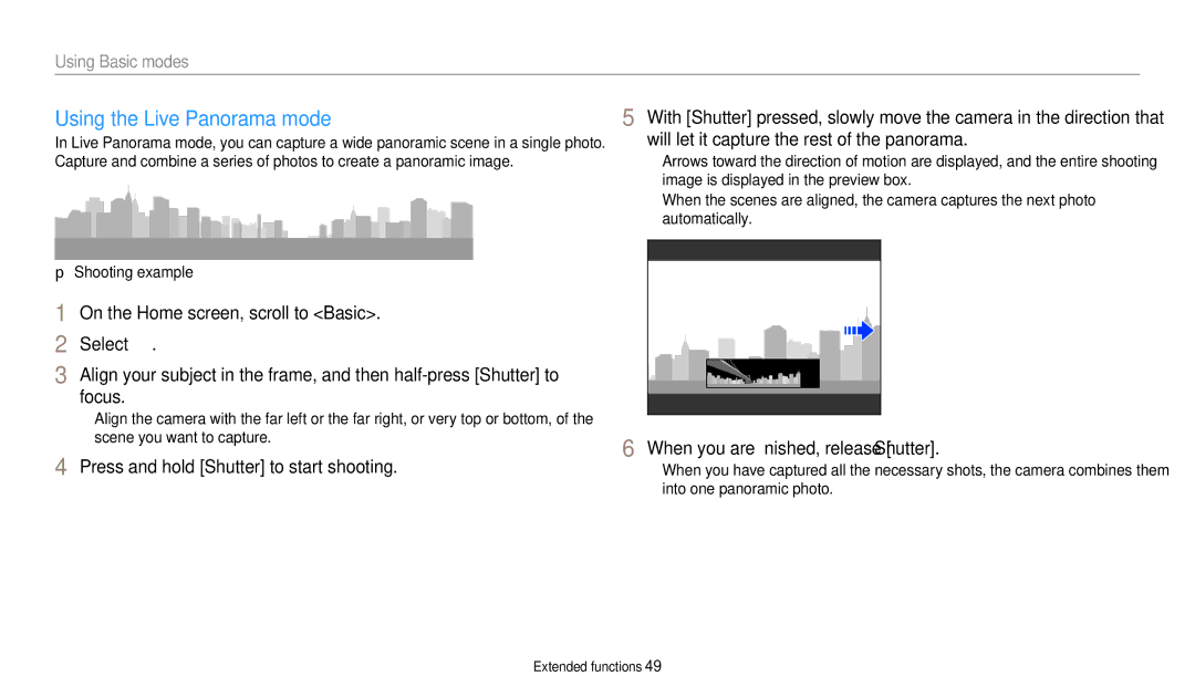 Samsung EC-DV150FBPBUS user manual Using the Live Panorama mode, When you are finished, release Shutter, Shooting example 