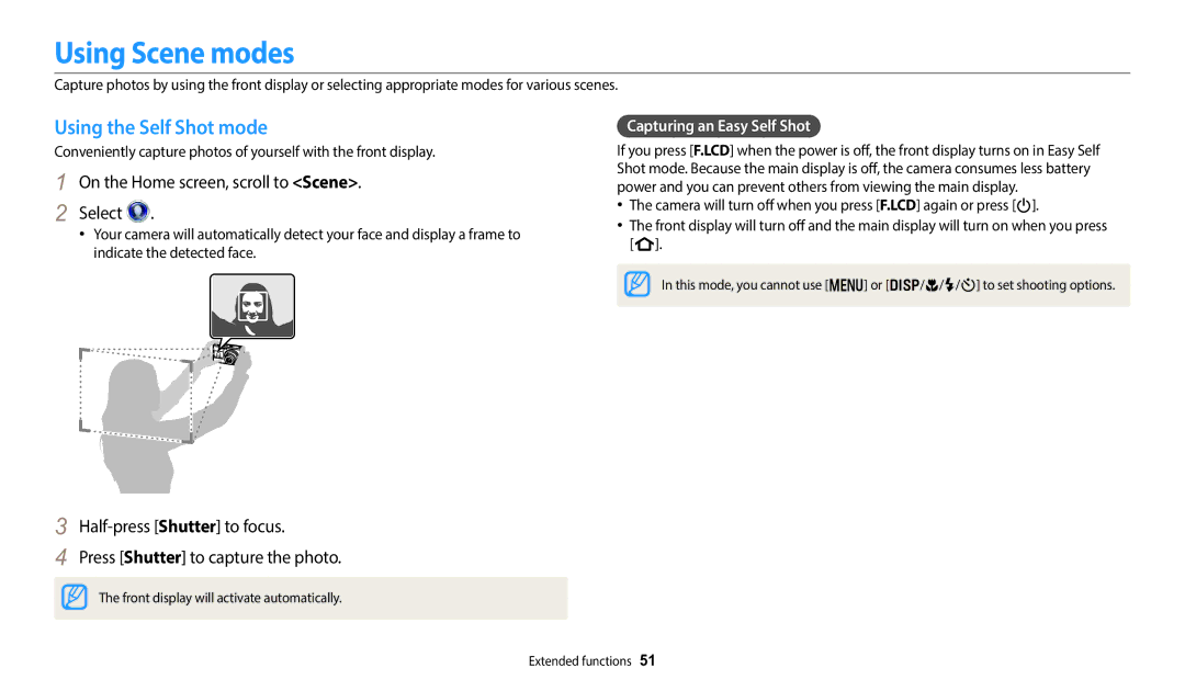 Samsung EC-DV150FBPBUS user manual Using Scene modes, Using the Self Shot mode, On the Home screen, scroll to Scene Select 