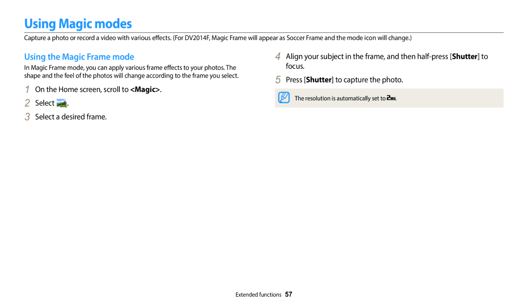 Samsung EC-DV150FBPBUS user manual Using Magic modes, Using the Magic Frame mode 