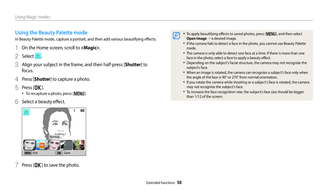 Samsung EC-DV150FBPBUS Using the Beauty Palette mode, Select a beauty effect, Press o to save the photo, Using Magic modes 