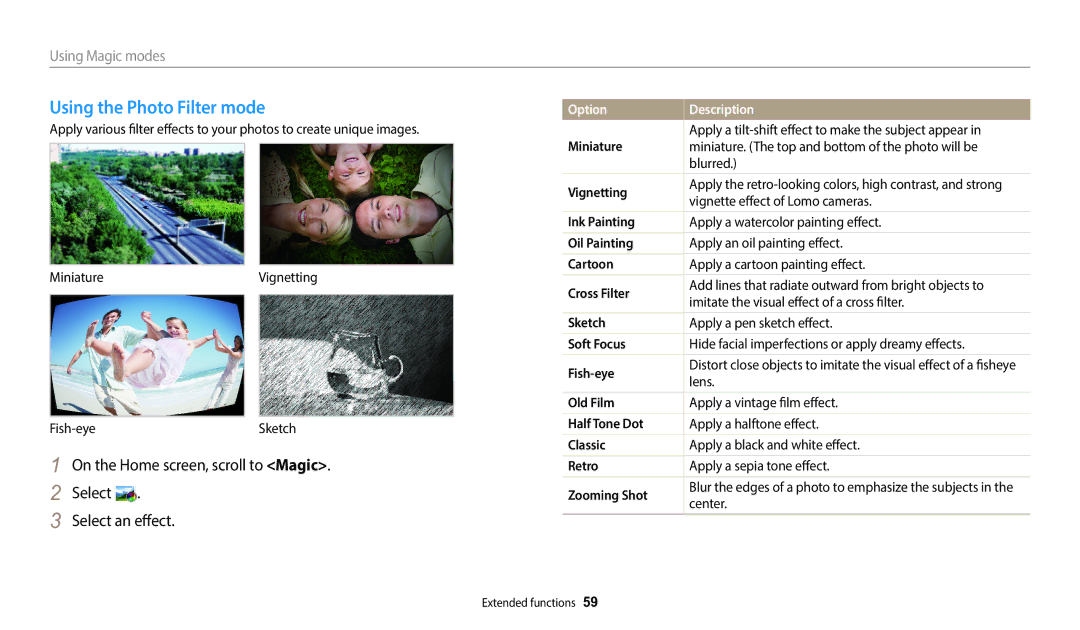 Samsung EC-DV150FBPBUS user manual Using the Photo Filter mode, On the Home screen, scroll to Magic Select Select an effect 